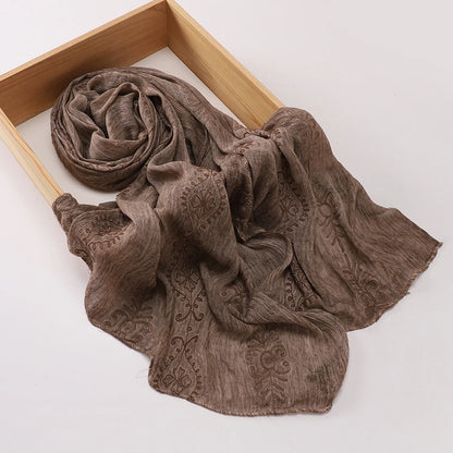 Vintage Crinkle Embroidery Hijab Textured Fabric Muslim Shawl Headscarf Soft Breathable Islamic Women Head Wrap Scarf