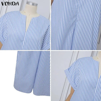 Plus Size VONDA Women Jumpsuits Summer Fashion Short Sleeve Stripe Jumpsuits Wide Leg Pants V Neck OL Party Overalls Playsuits