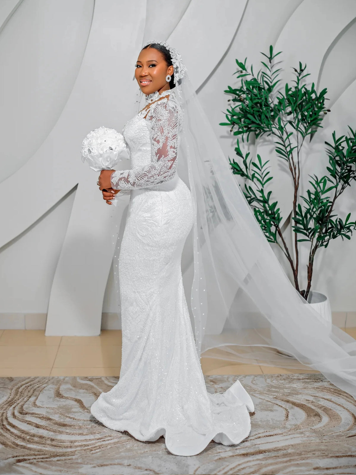 Mermaid Wedding Dresses Long Sleeve High Neck Bride Dress Lace Beading African Bridal Gown vestido de novia Customized
