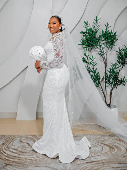 Mermaid Wedding Dresses Long Sleeve High Neck Bride Dress Lace Beading African Bridal Gown vestido de novia Customized