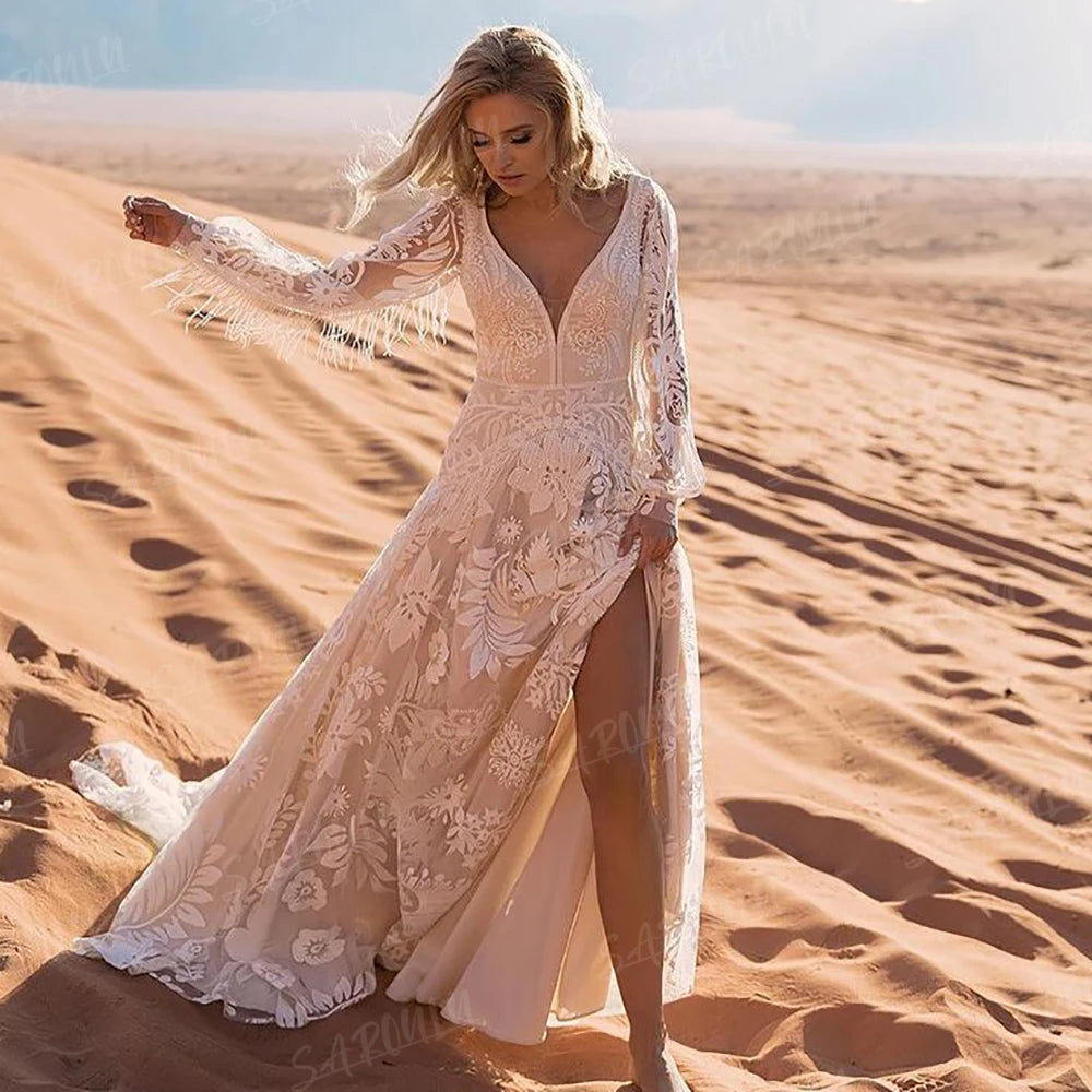 Bohemian  Long Puffy Sleeves Elopement Bridal Gowns Allover Lace Wedding Dress  A Line V Neck Tassel Boho Beach Bride Dresses