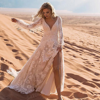 Bohemian  Long Puffy Sleeves Elopement Bridal Gowns Allover Lace Wedding Dress  A Line V Neck Tassel Boho Beach Bride Dresses