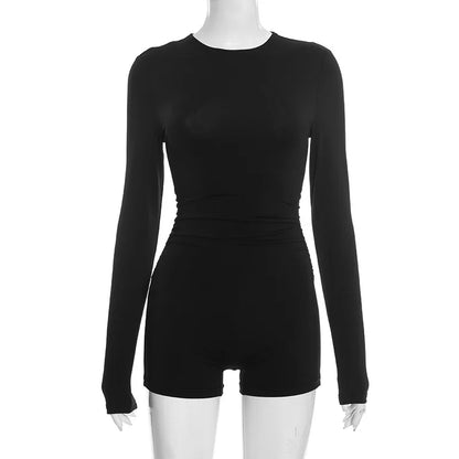 Sexy Solid Color Bodycon Rompers for Woman Round-neck Long Sleeve Elasticity Jumpsuit  Female Streetwear Overalls 2025