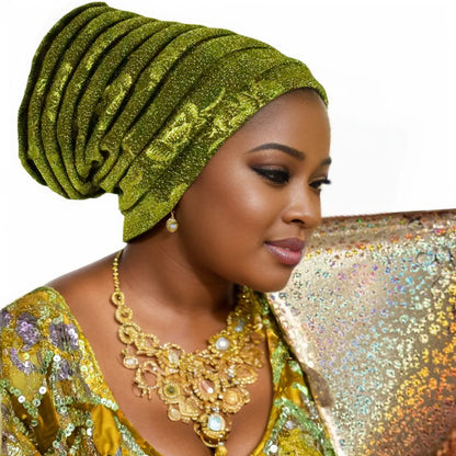 Glitter Full Body Pleated Turban Cap for Women 2025 Lady Head Wraps Muslim Headscarf Hat Turbante Mujer African Headpiece