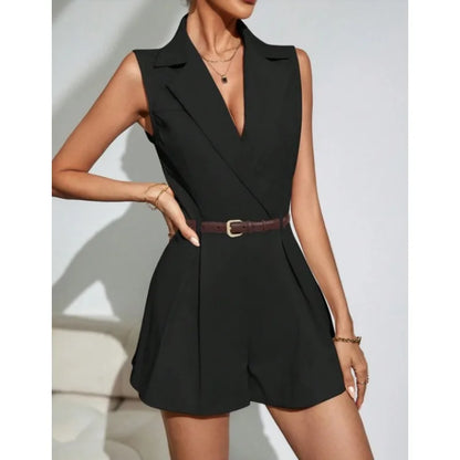Women's Sleeveless V-Neck Blazer Romper Summer High Waist Pleated Shorts Jumpsuit Office Lady Elegant Suit Playsuit With Belt