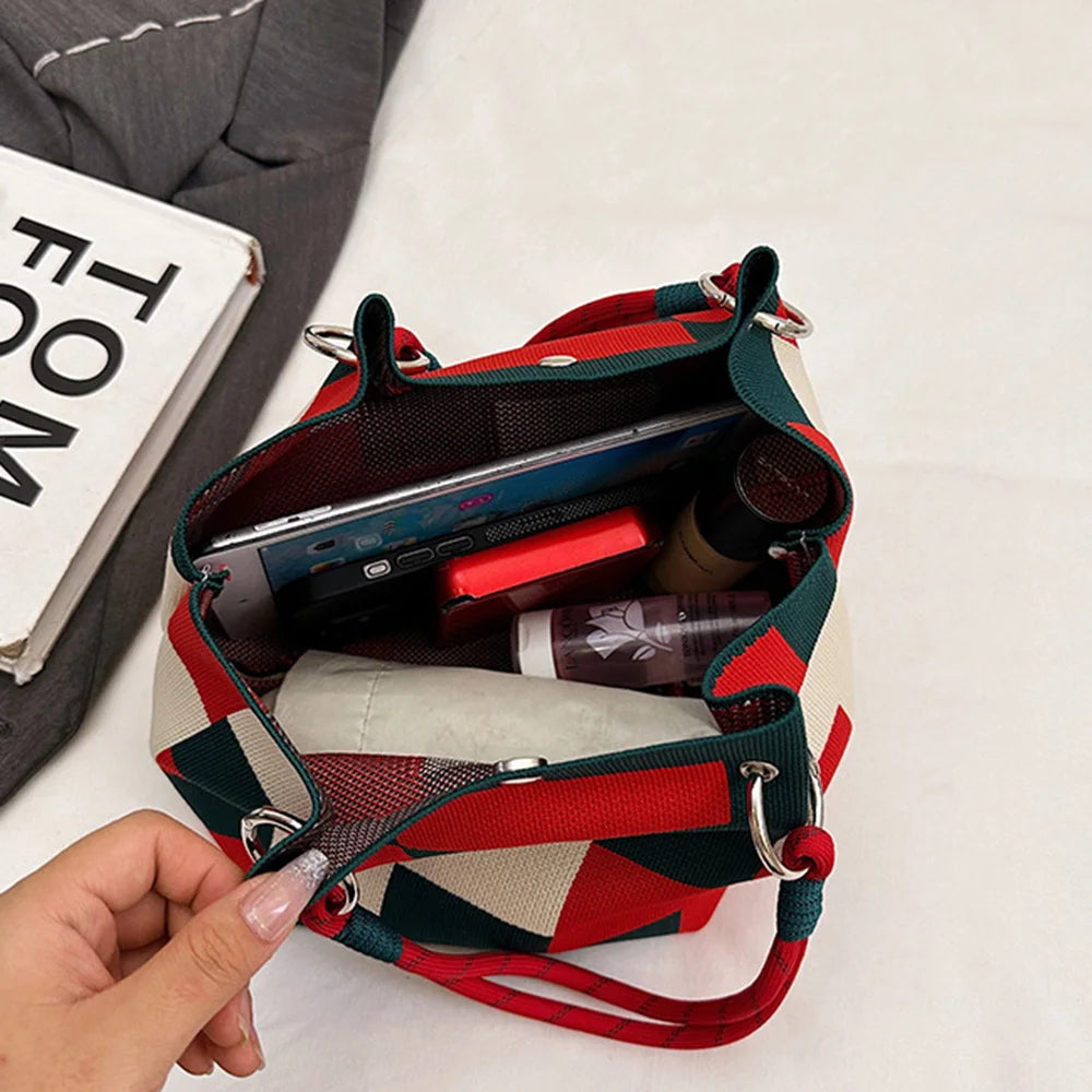 Women's Color Block Knit Tote Bag Bucket Bag Storage Bag with Adjustable Straps & Metal Rings Snap Closure for Casual Travel