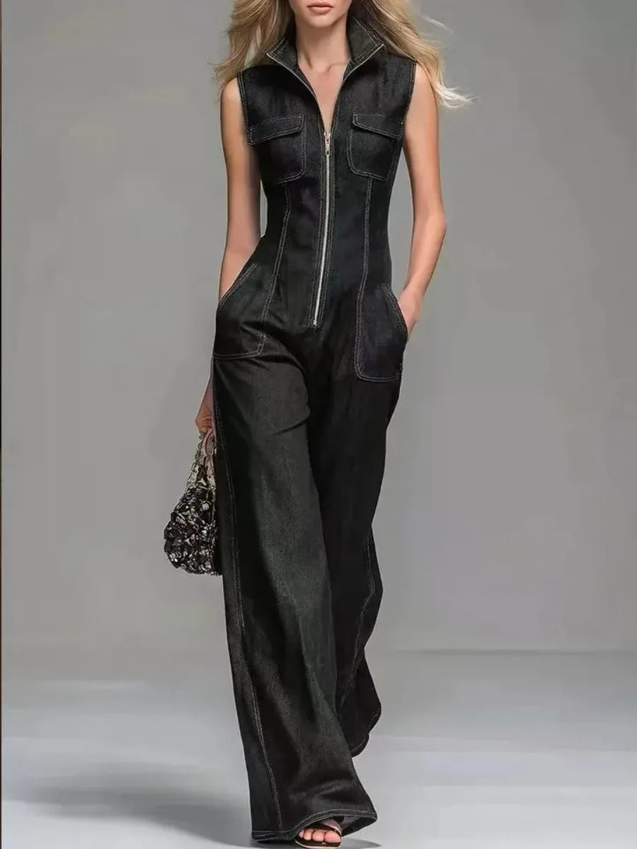 New Women's Sleeveless Denim Jumpsuits High Waist Wide Leg Cargo Pants Front Zipper Casual Office Overalls Summer Jean Jumpsuit
