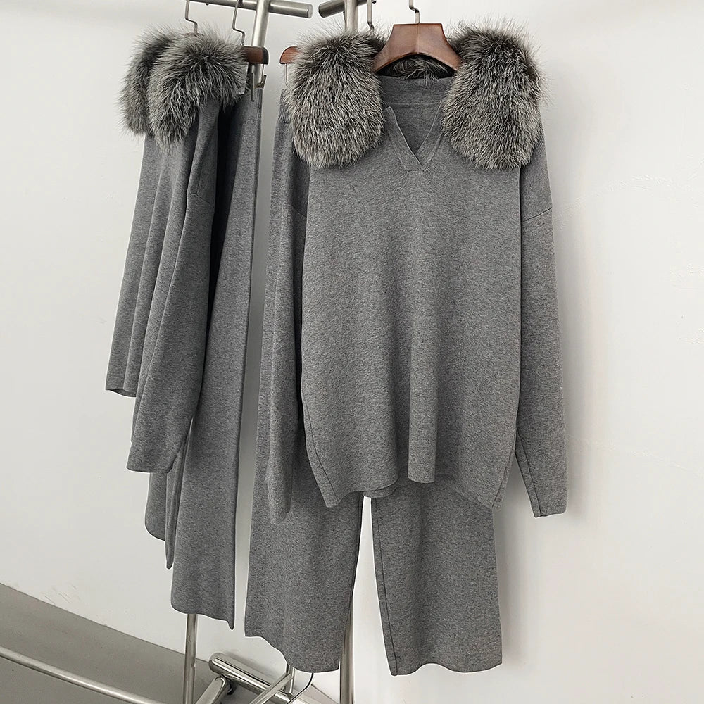Reality Fur Jacket Pullover Set Woman Spring Knitted Suit Knitwear Female Real Fox Fur Collar Sweater Lady Autumn Knitted New