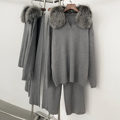 Reality Fur Jacket Pullover Set Woman Spring Knitted Suit Knitwear Female Real Fox Fur Collar Sweater Lady Autumn Knitted New