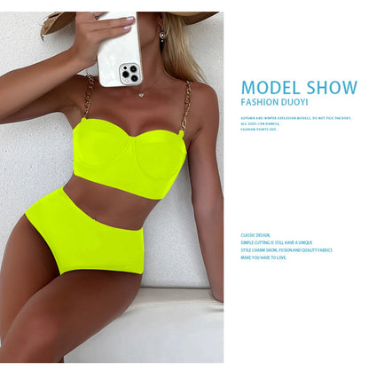 Push Up Bikini Hard Wrap Top Underwire Chain Shoulder Straps High Waist Bottom Swimwear Women Solid Swimming Beach Bathing Suit
