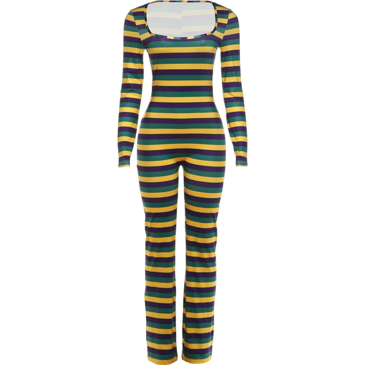 Nibber Chic Collar Full Jumpsuits Women's Autumn Trend Square Sleeve Stripe Patchwork Skinny Stretch High Street Style Overalls