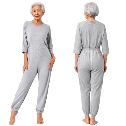 Women Special Need Adaptive Clothing Elderly Alzheimer Dementia Back Zipper Anti-Strip Nursing Jumpsuit Homewear Sleepwear