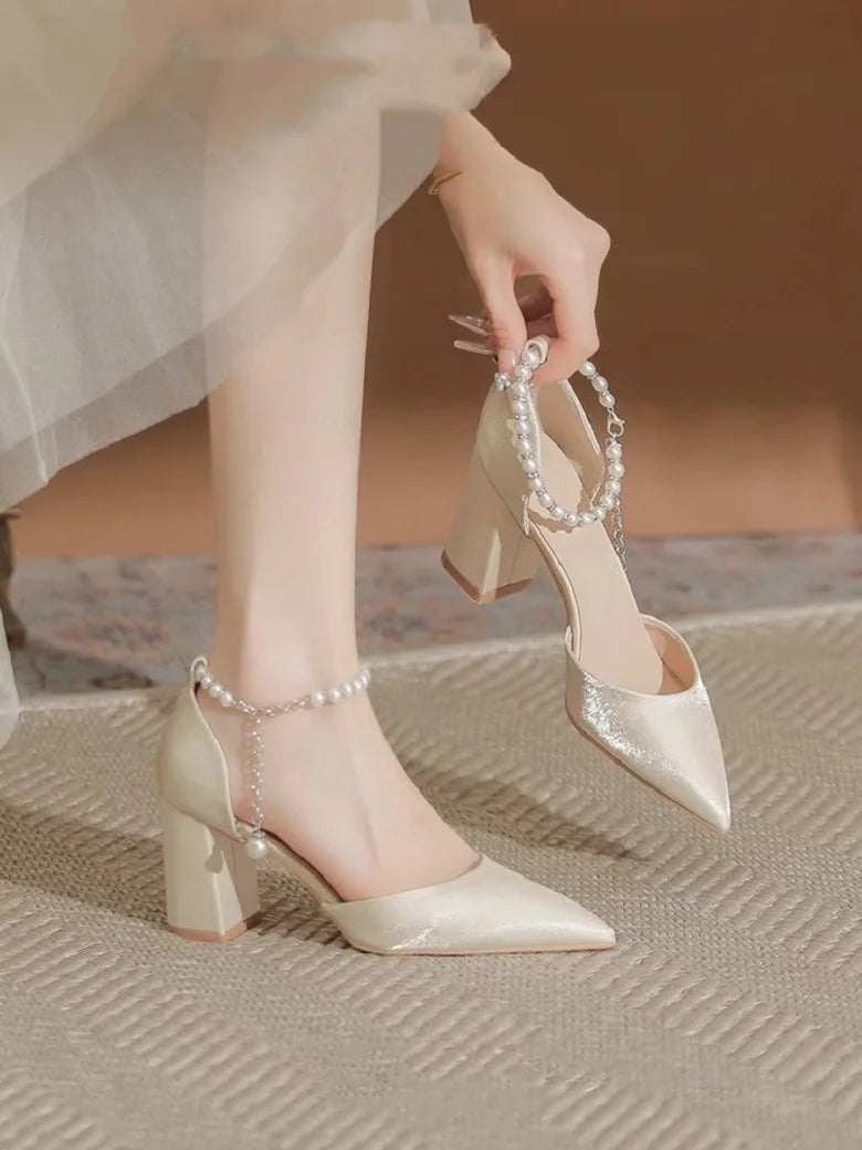 2025 New Elegant Pearl-Embellished Satin Heels - 5cm Chunky Low Heel Bridal Shoes with Adjustable Ankle Strap