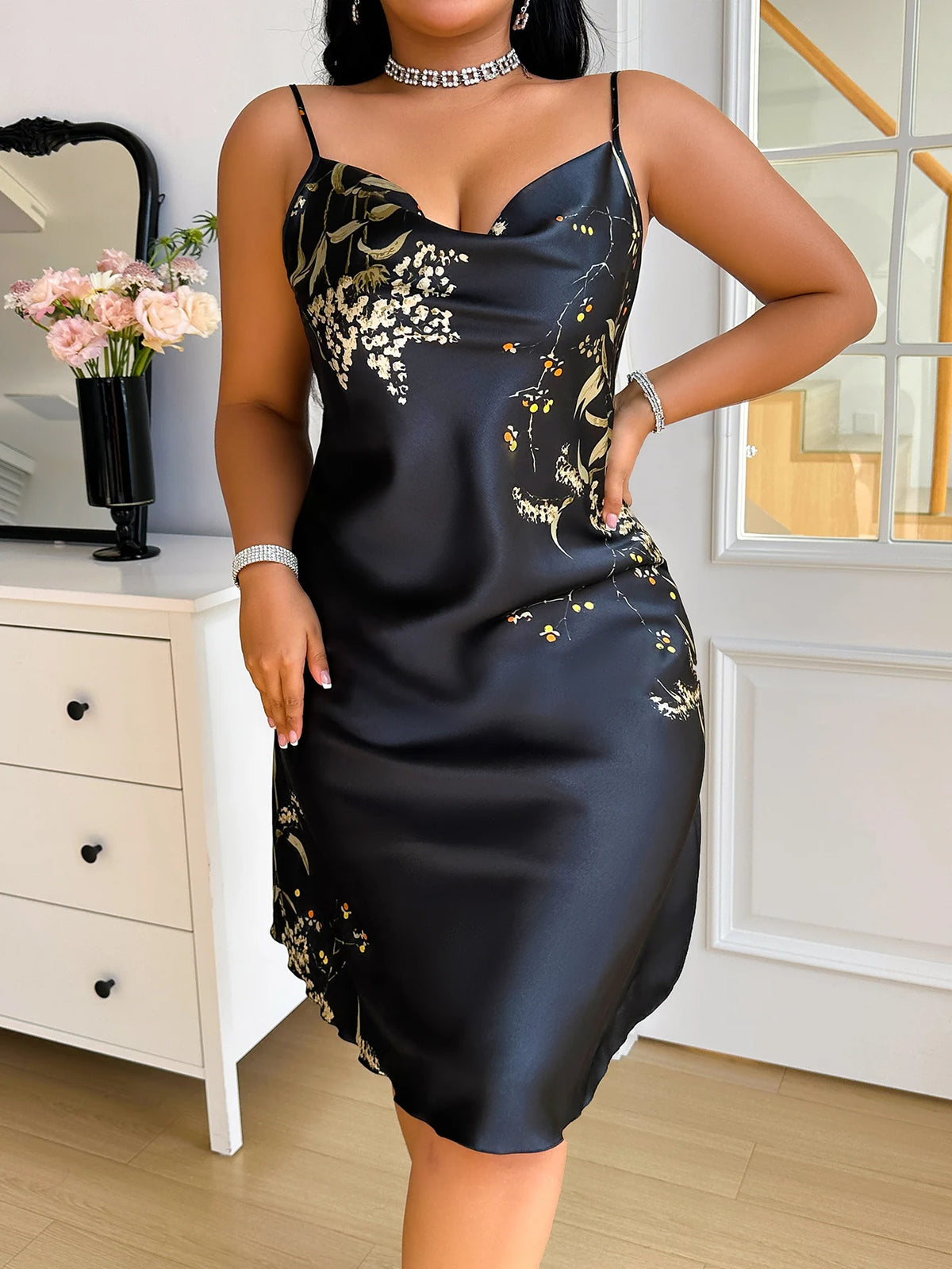 Plus Size Pile Collar Women's Nightdress Cherry Printed Elegant Fashion Sleepwear Halter Backless Breathable Pajamas Home Wear