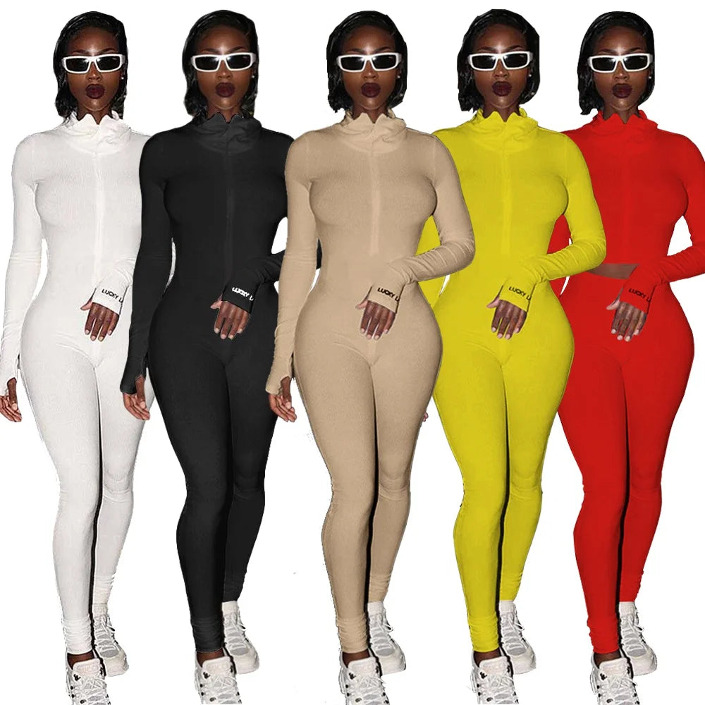 Fashion Workout Active Wear Ribbed Rompers Womens Jumpsuit Long Sleeve Fitness Embroidery Lucky Label Letter Zipper Jumpsuits
