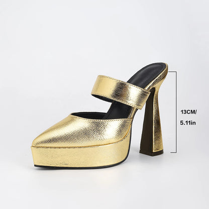 13CM High Heels Luxury Slippers For Ladies Fashion Slides Thick Platform Sandals Summer Pointed Toe Slip-on Women's Shoes Mules