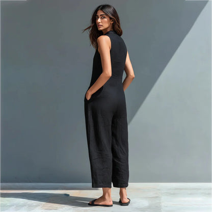 Cotton And Linen Jumpsuit Women Stand Collar Sleeveless Pocket High Waist Wide Legs Jumpsuits Casual Commuting Ladies Bodysuits