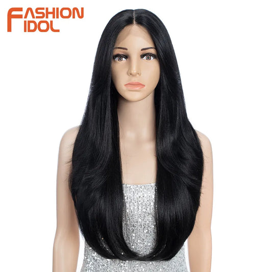 FASHION IDOL 26inch/65cm Straight Hair Lace Front Wigs Synthetic Hair Ombre Blonde Brown Hair Wigs Cosplay Heat Resistant Fiber