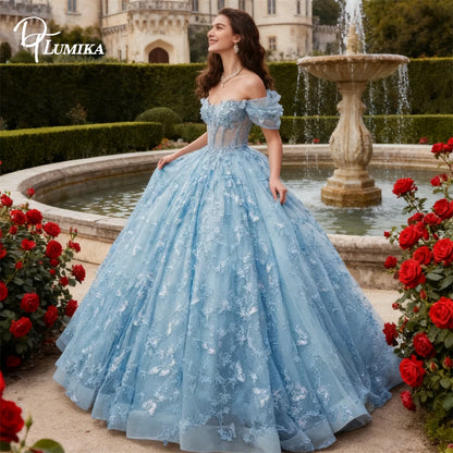 Sky Blue Floral Lace Quinceanera Dress for Teens Coming of Age Party Gown Off the Shoulder Ball Gown Sweet 15 Dresses Customized
