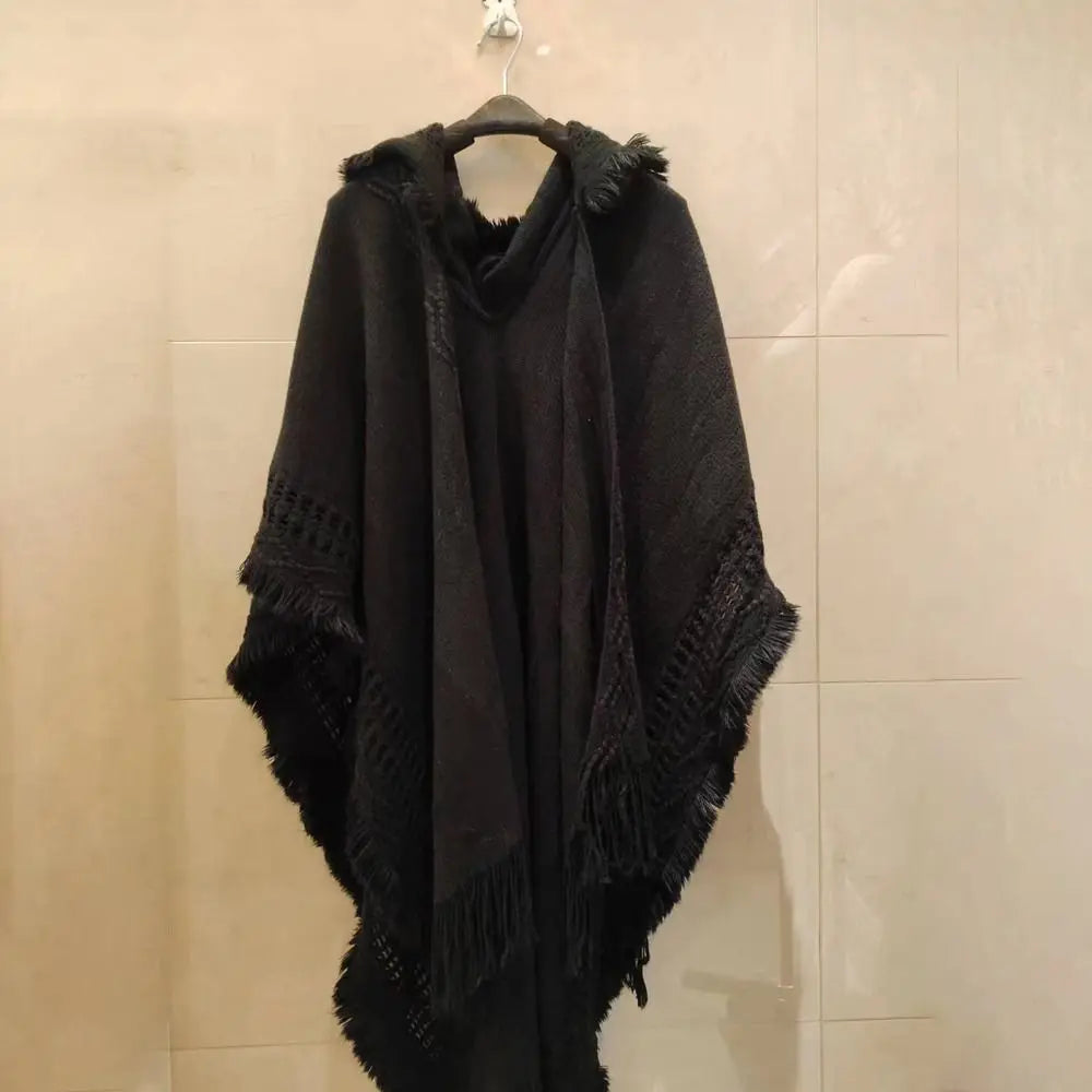 Wedding Party Cloak Hooded Knitted Shawl Bohemian Winter Warm Ladies Tassel Cape Oblique Stripe Wraps Scarf Coat