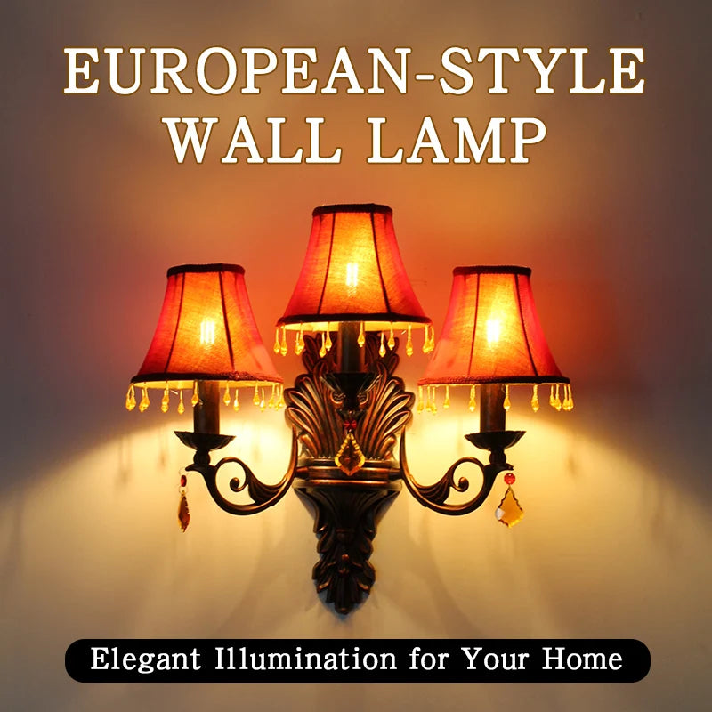 Retro American European Iron Art Red Cloth Crystal Wall Lamp for Hall Restaurant Bedroom Walkway Hotel Bar Decorative Wall Light