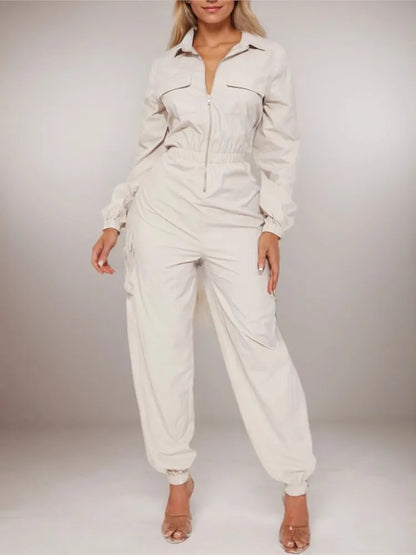 Work Jumpsuit Women's Pocket Elastic Waist Zipper Jumpsuit New Style Autumn Fashion Elegant Casual Long Sleeve Jumpsuits