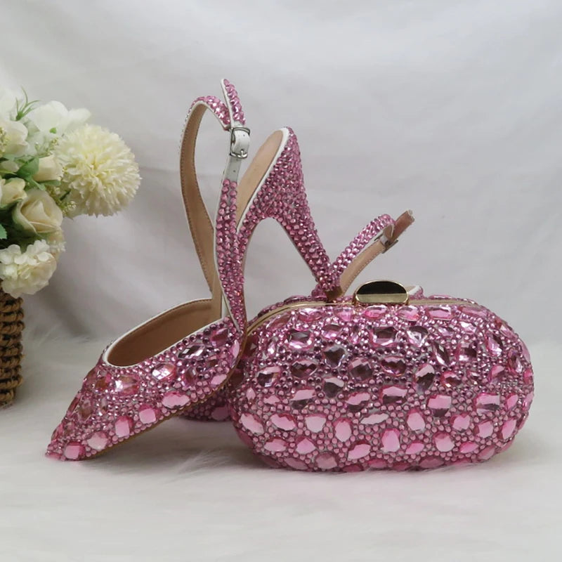 Fashion Sling-back Pink Bling Pointed Toe Wedding Shoes and bag Woman High Pumps Thin Heel Party Shoes Slingbacks Shoe Bag Set