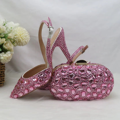 Fashion Sling-back Pink Bling Pointed Toe Wedding Shoes and bag Woman High Pumps Thin Heel Party Shoes Slingbacks Shoe Bag Set