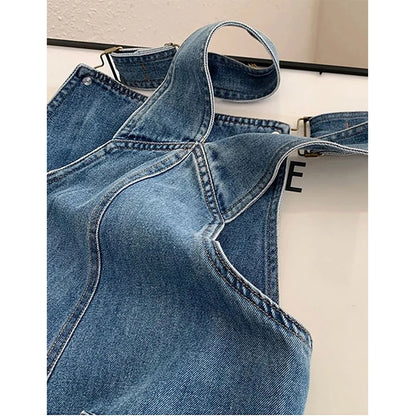 Women Denim Overalls Vintage Streetwear Loose Jumpsuit Korean Straight Wide Leg Pants Casual Jeans All Match Trousers