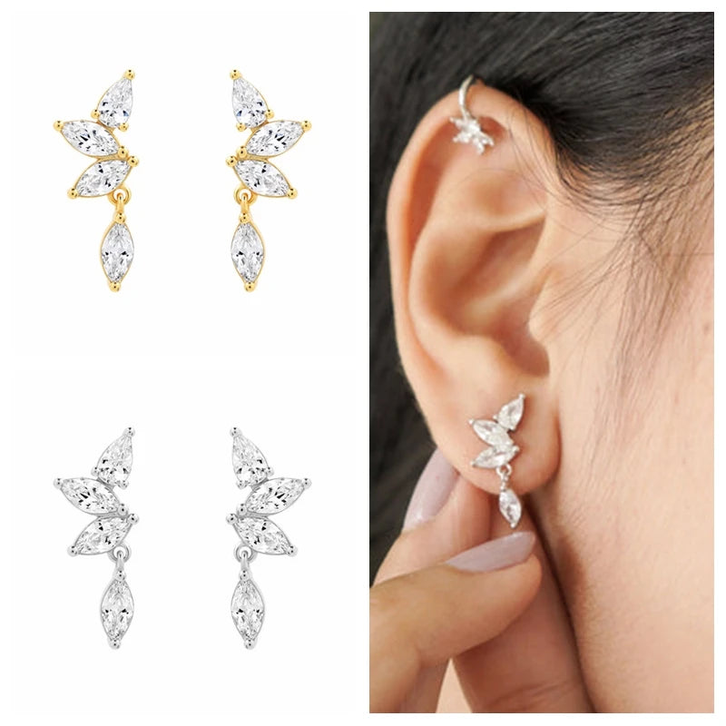 Women's 925 Sterling Silver Ear Needle Crystal Zircon Water Droplets Stud Hoop Gold Huggie Earrings Premium Luxury Party Jewelry