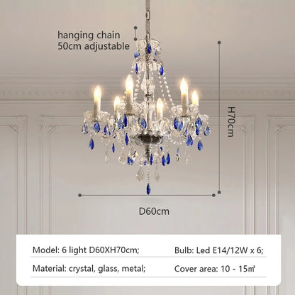 French Blue Romantic Crysatl Chandeliers Light Luxury Glass Living Room Art Decor Candle Pendant Lights Lighting Bedroom Lamps