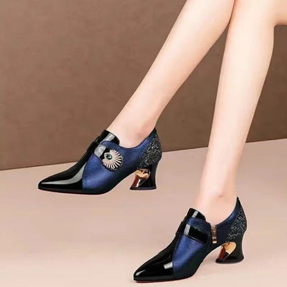 Deep Mouthed Color Blocked High Heels 2025 Spring Autumn New Style Thick Heel Fashionable Pointed Side Zipper Leather Shoes
