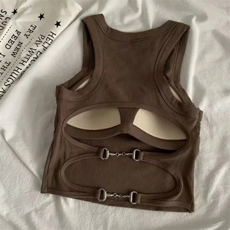 New Women Sports Tank Tops With Bra Pad Casual Crop Tops Backless Knitt Running Camisole For Women Streetwear Tops