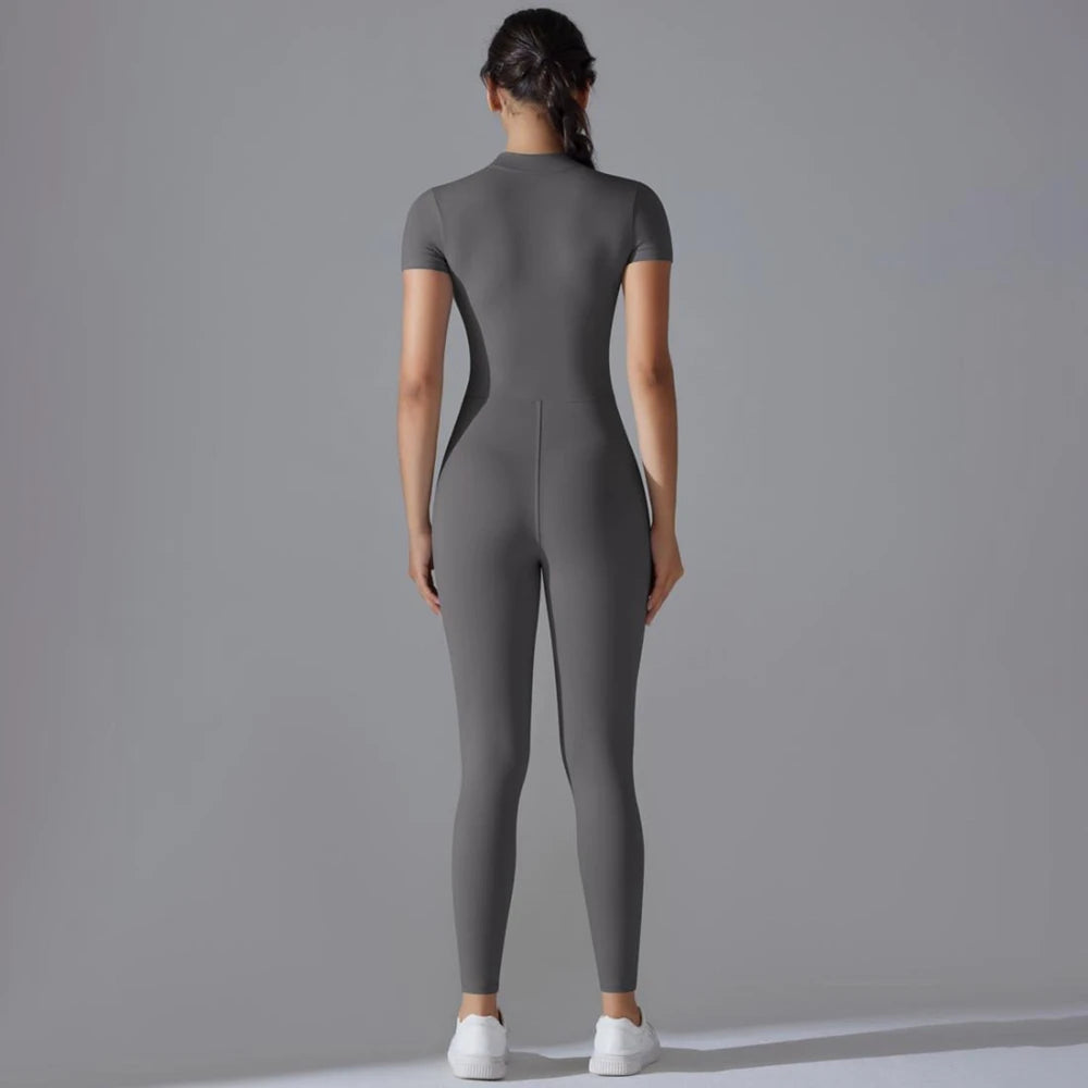 Womens Jumpsuits Short Sleeve Yoga Slim Fit Stretch One Piece Romper Sexy Fitness Female Basic Sportwears Black Zipper Ladies