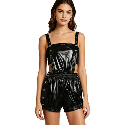 Funny Backless Overalls Rompers for Women Waterproof Tear Away Unitard Press Buttons Ruffled Trims Bodysuit for Nightclub Party