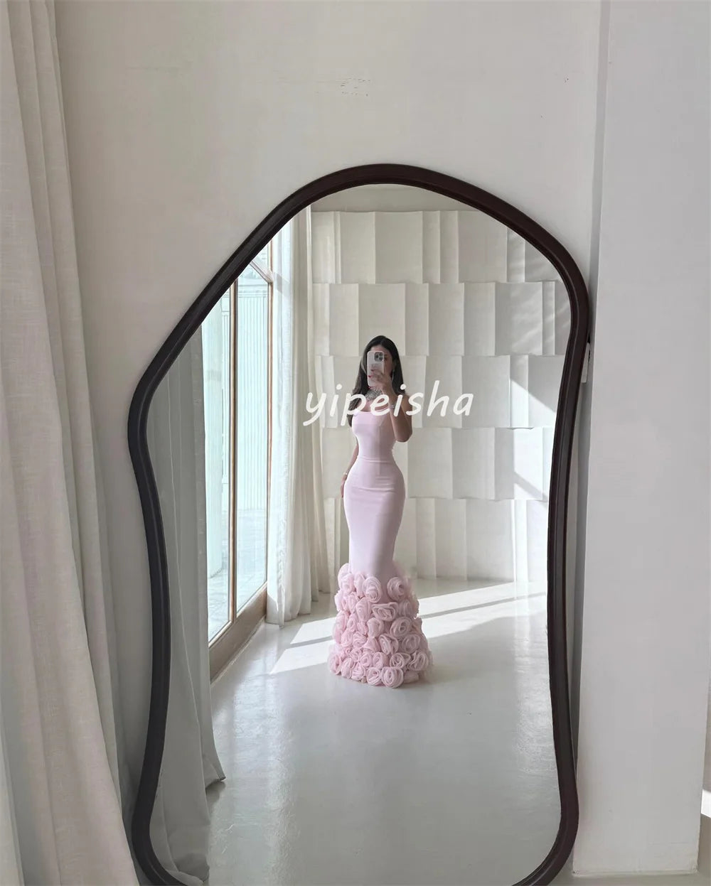 Customized Exquisite Intricate Jersey Handmade Flower Pleat Mermaid Spaghetti strap Long Dresses Bespoke Occasion Dresses Sexy