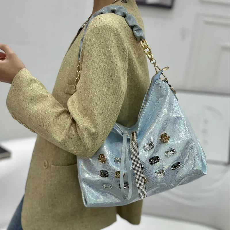 2026 New Fashion Diamonds Women Handbags Genuine Leather Tote Bag Large Capacity Work Commute Leisure Versatile Shoulder Bags