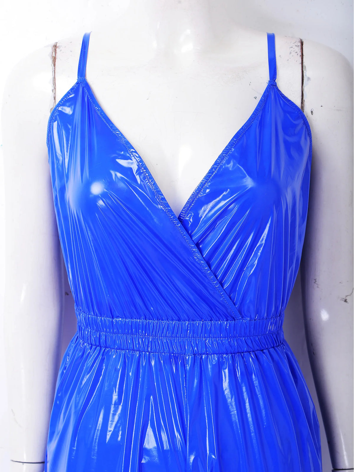 Womens Glossy Waterproof Jumpsuit Wrap V Neck Backless Elastic Waist Straight Wide Leg Pants Leotard Rompers for Clubwear Party