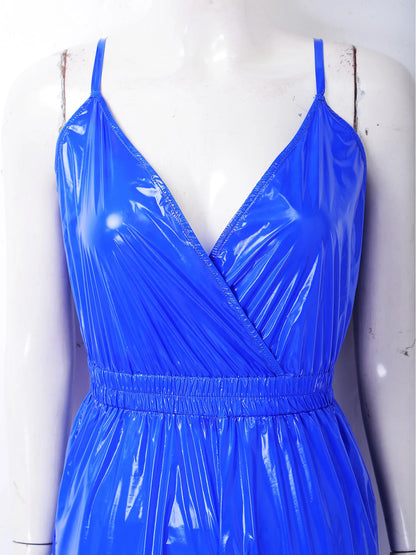 Womens Glossy Waterproof Jumpsuit Wrap V Neck Backless Elastic Waist Straight Wide Leg Pants Leotard Rompers for Clubwear Party