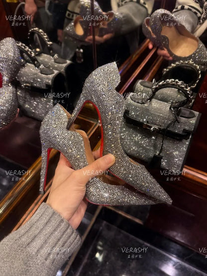 High Heels Women 2025 Spring New gold Sexy Pointy French Thin With Single Shoes Women Crystal Wedding Shoes Women Red Sole Shoe