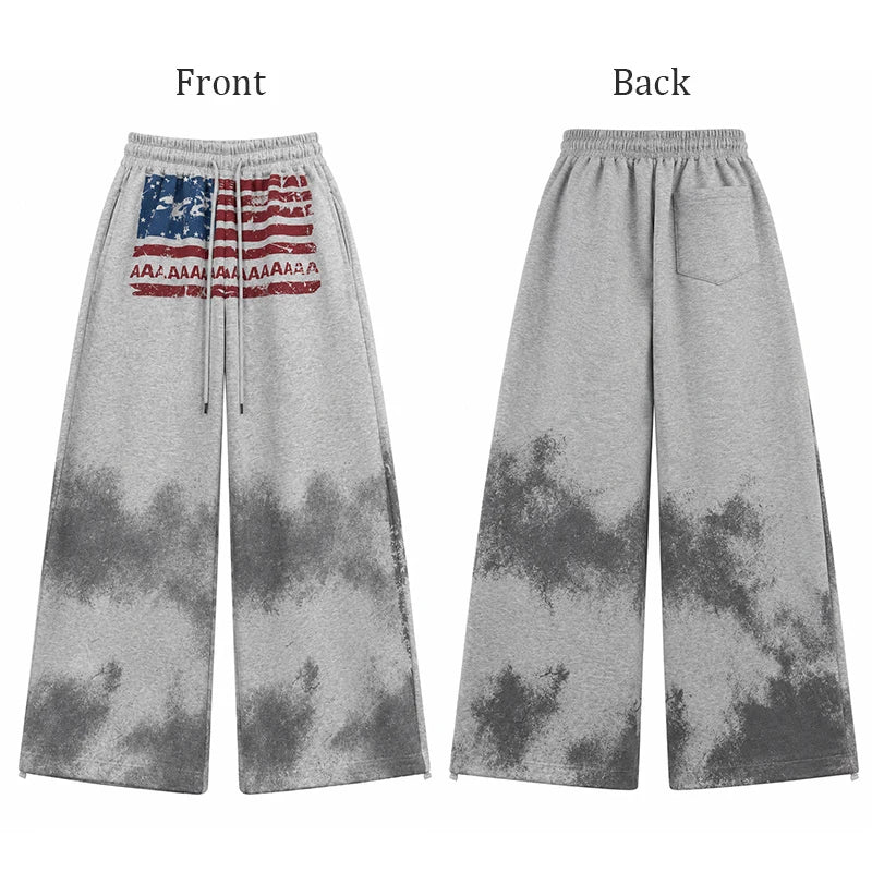ReddaChic American Flag Baggy Sweatpants Gray Drawstring Hiphop Casual Wide Leg Parachute Joggers Kpop Jazz Dance Women Trousers