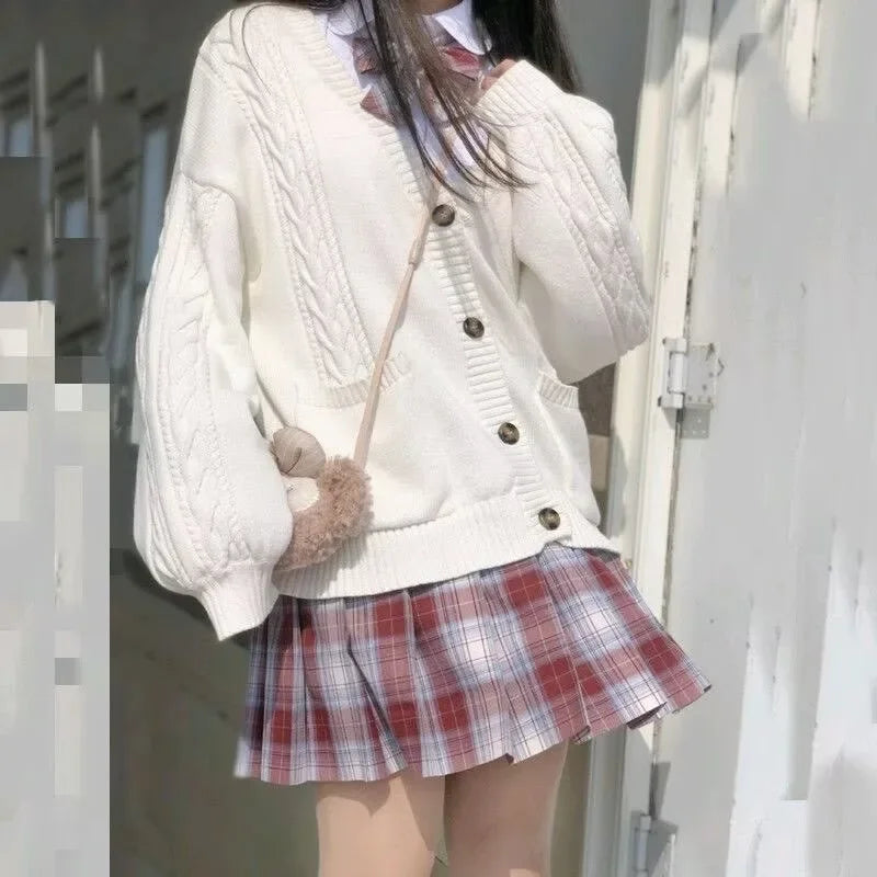School Autumn Winter Lazy Style Japanese JK Knit Cardigan Loose College Sweater Plaid Skirt Matching Set For Campus Daily Class