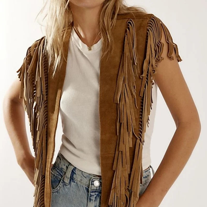 Women Tassel Vest Y2K Sleeveless Fringe Wide Eyes Suede Collar Shawl Open Front Boho Western Jacket Cardigan