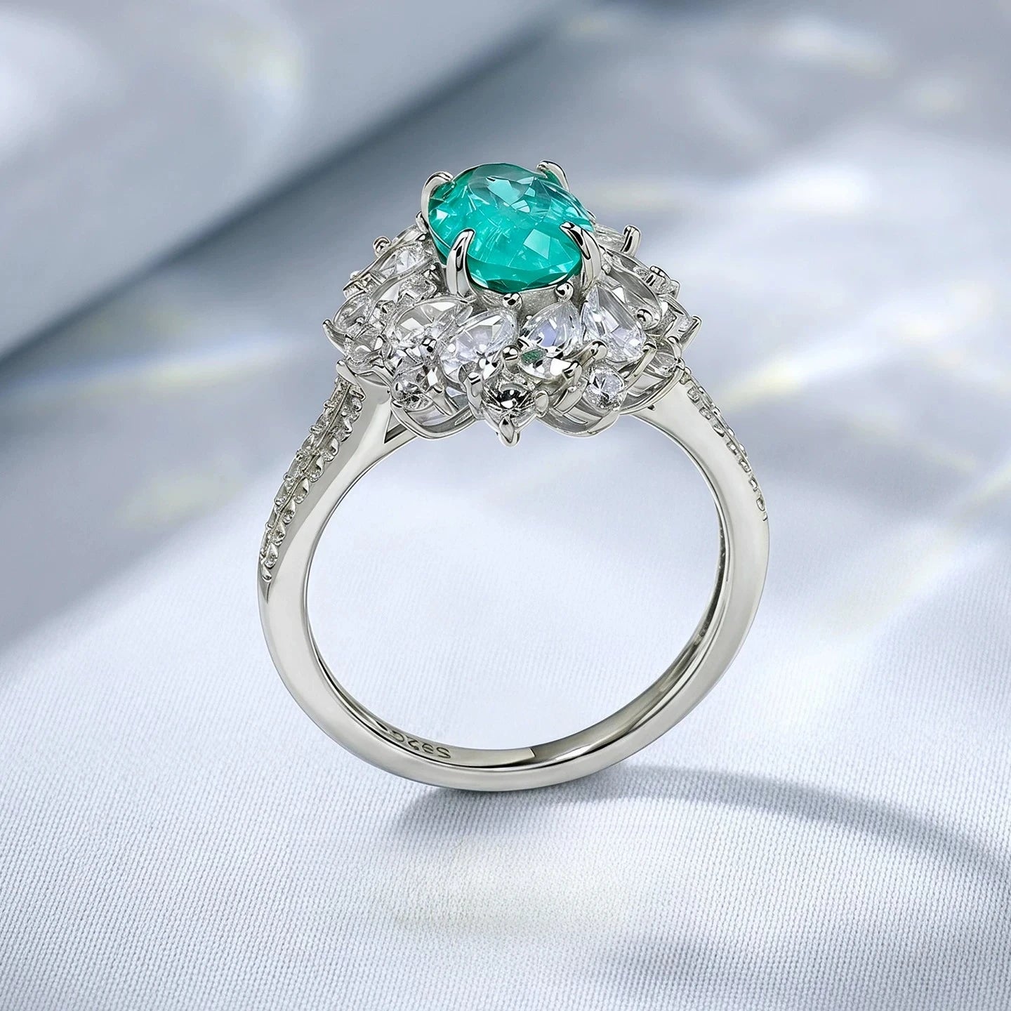S925 Silver Ring 2ct Neon Blue Green Zircon Ring Double Layer Surrounding Luxury Women's Jewelry