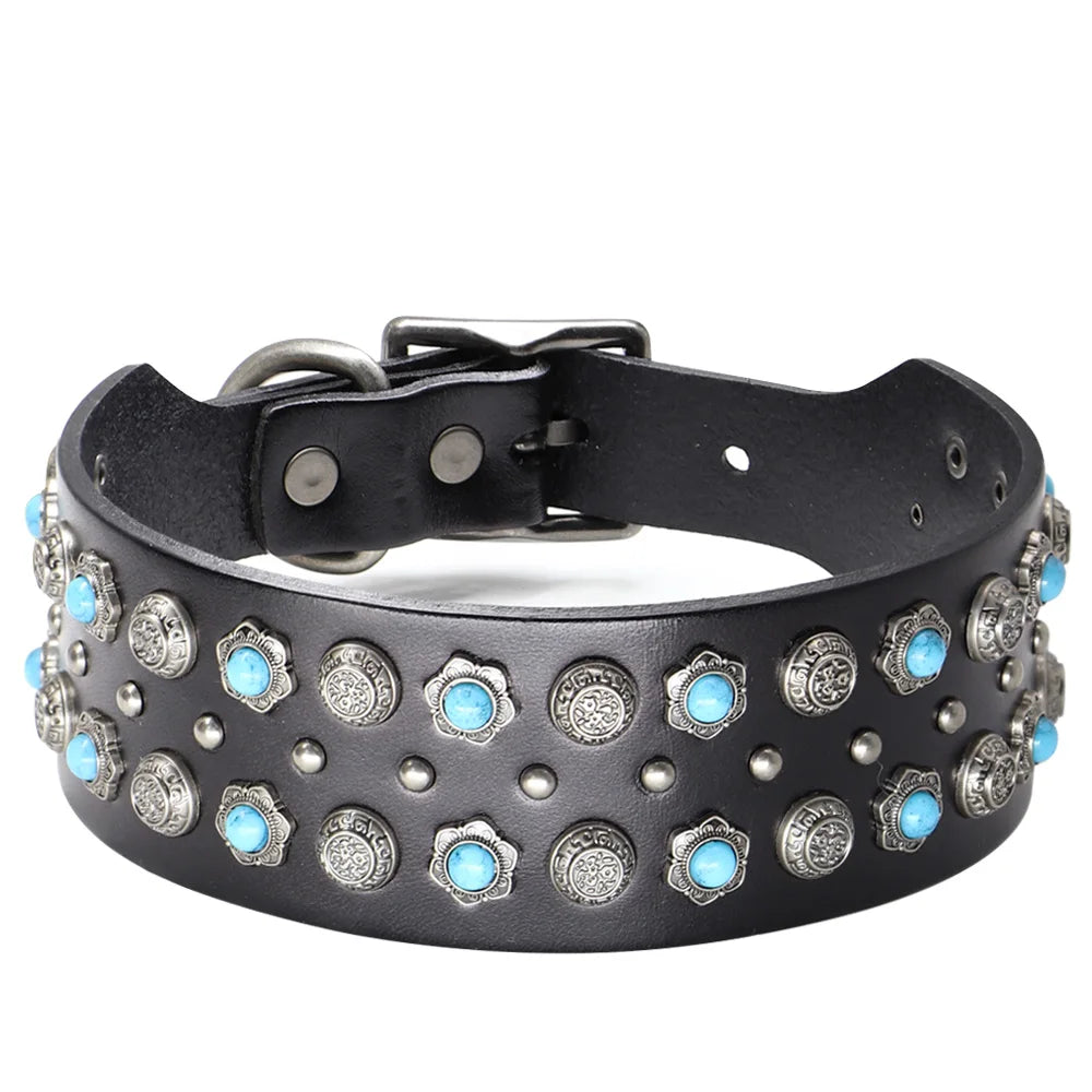 Genuine Leather Big Dog Collar 2inch Wide Diamond Dog Collars Durable Spike Pet Necklace Luxury for Medium Large Dogs Pitbull