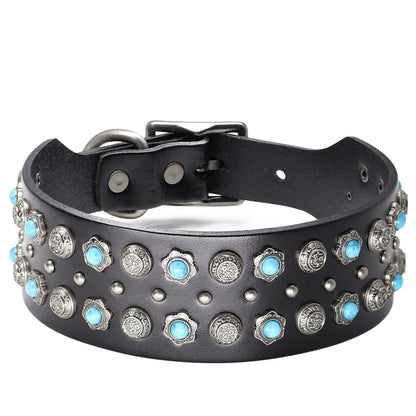 Genuine Leather Big Dog Collar 2inch Wide Diamond Dog Collars Durable Spike Pet Necklace Luxury for Medium Large Dogs Pitbull