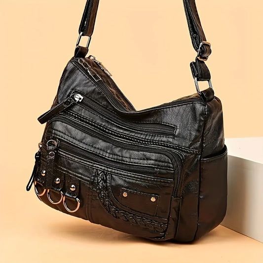 Vintage PU Crossbody Bag, Retro Multi Layer Shoulder Bag, Women's Fashion Handbag & Purse, Female Work Travel Messenger Bag