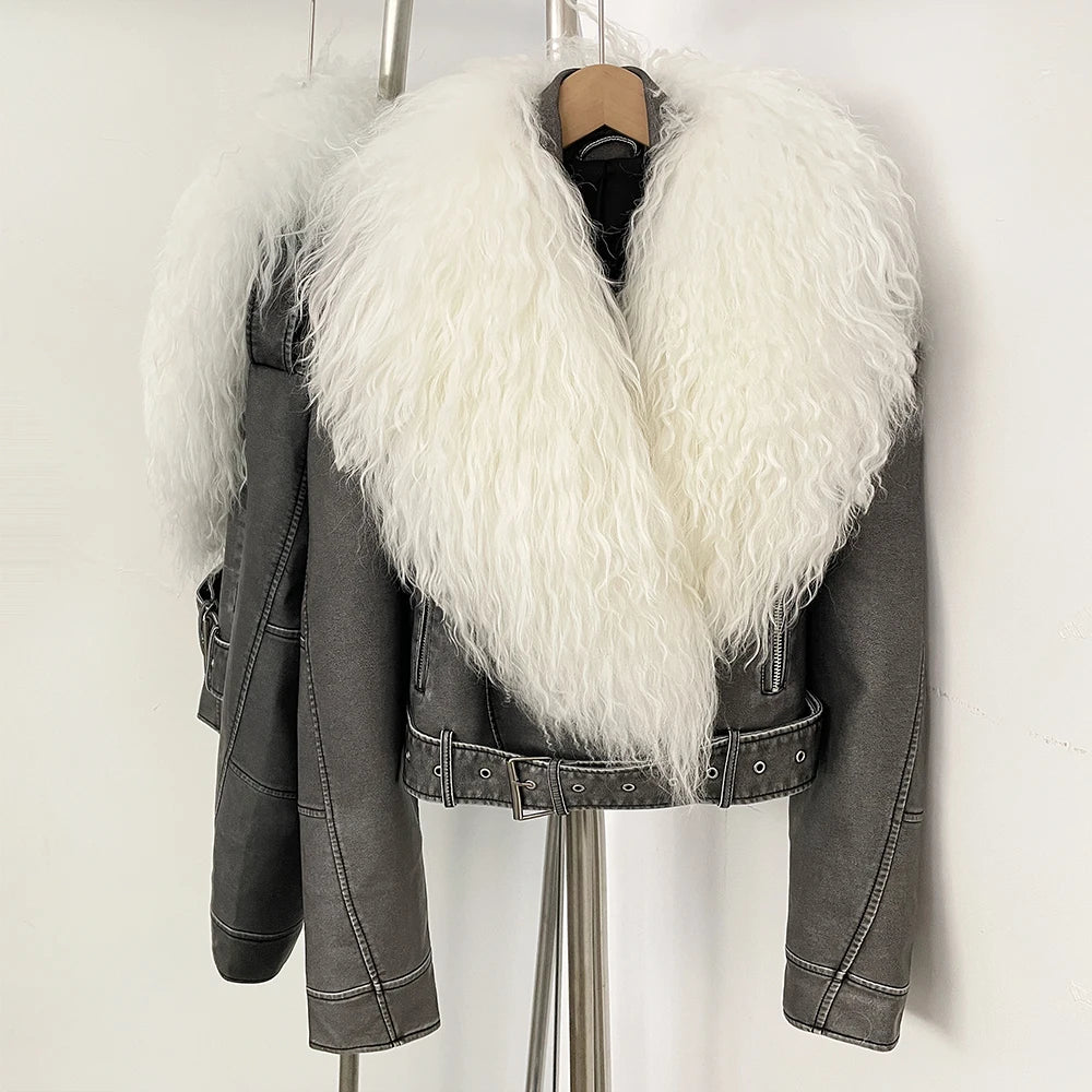 Luxury Natural Mongolian Sheep Fur Coat Women Winter Short Faux Leather Jacket Female Moto Biker Outwear New Coats and Jackets
