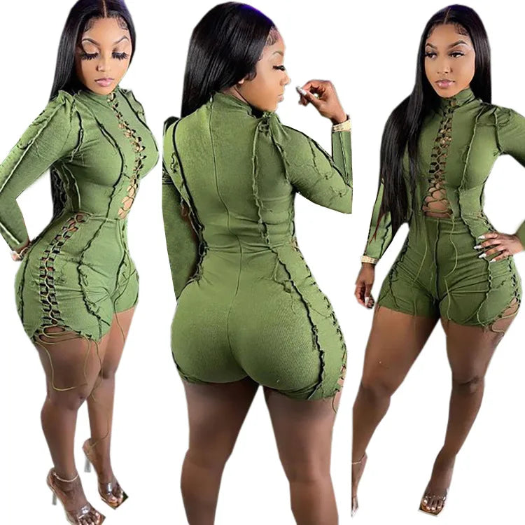 Jump Suits Women One Piece Full Sleeve Drawstring Overalls Short Pants Tight Waist Rompers Hollow Out Y2k Streetwear Sexy 2026