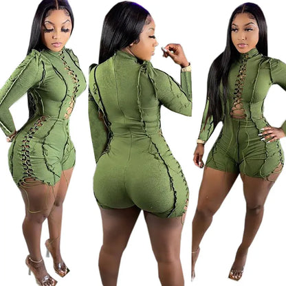 Jump Suits Women One Piece Full Sleeve Drawstring Overalls Short Pants Tight Waist Rompers Hollow Out Y2k Streetwear Sexy 2026